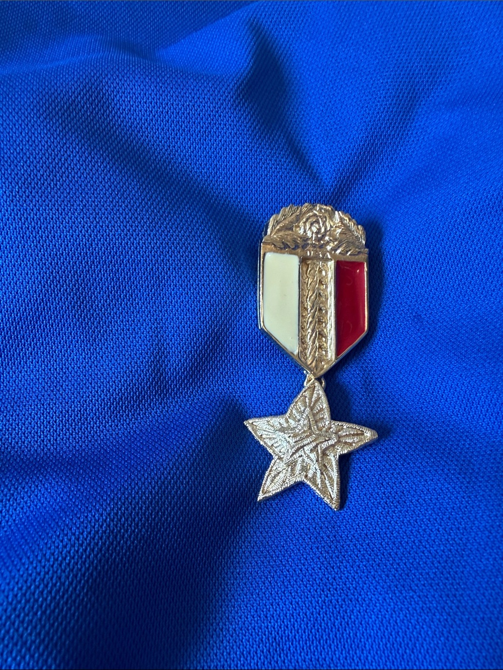 Vintage Gold Star Medal Pin with Red and Cream Enamel